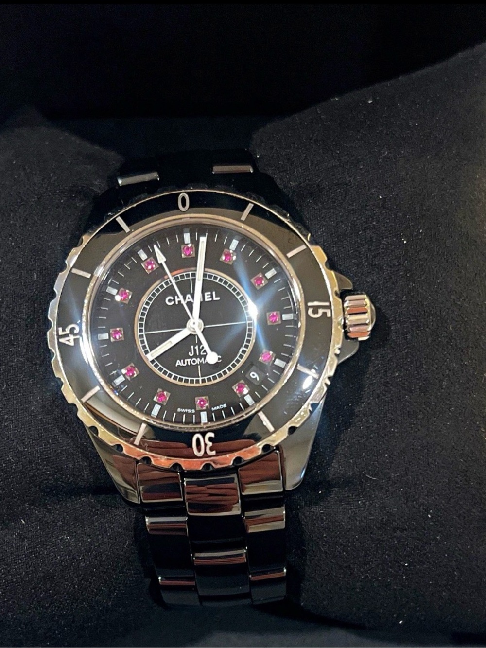 CHANEL J12 38mm Black Ceramic Men's Watch with Ruby Gem Hour Markers